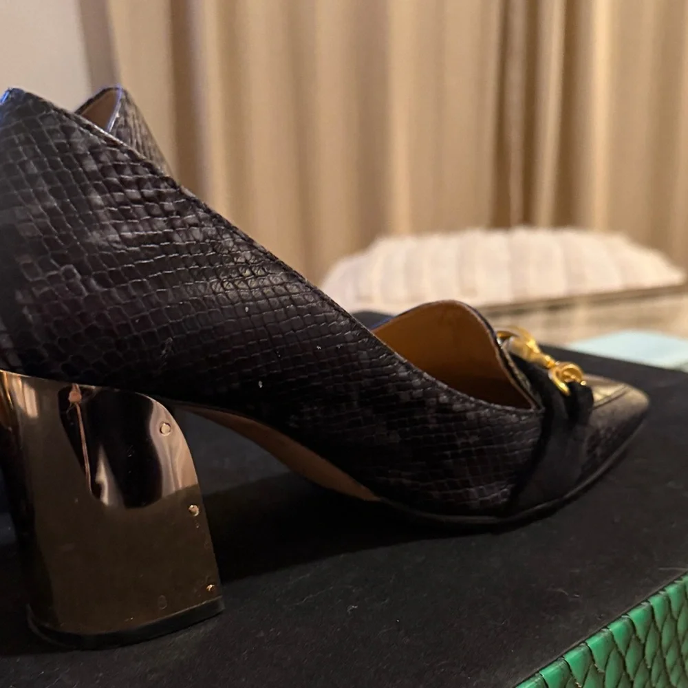 Tory Burch Black Textured Block Heel Loafer Pumps with Gold Accent
